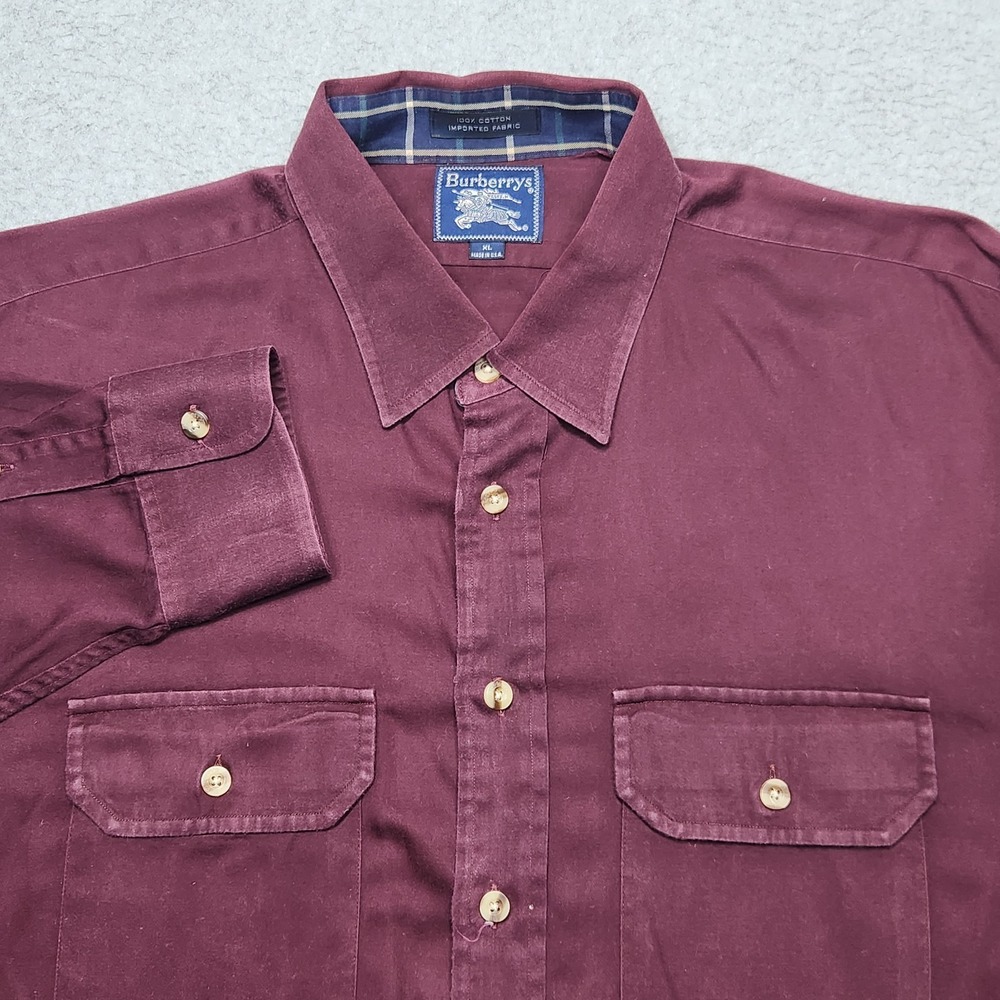 VINTAGE Burberrys Shirt Mens XL Red Button Casual Luxury Plaid Collar USA‎ Made